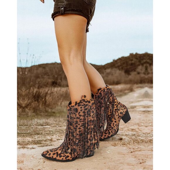 Women's Leopard Rhinestone Sparkly Fringe Chunky Heel Pointed Toe Ankle Boots - Picture 3 of 7
